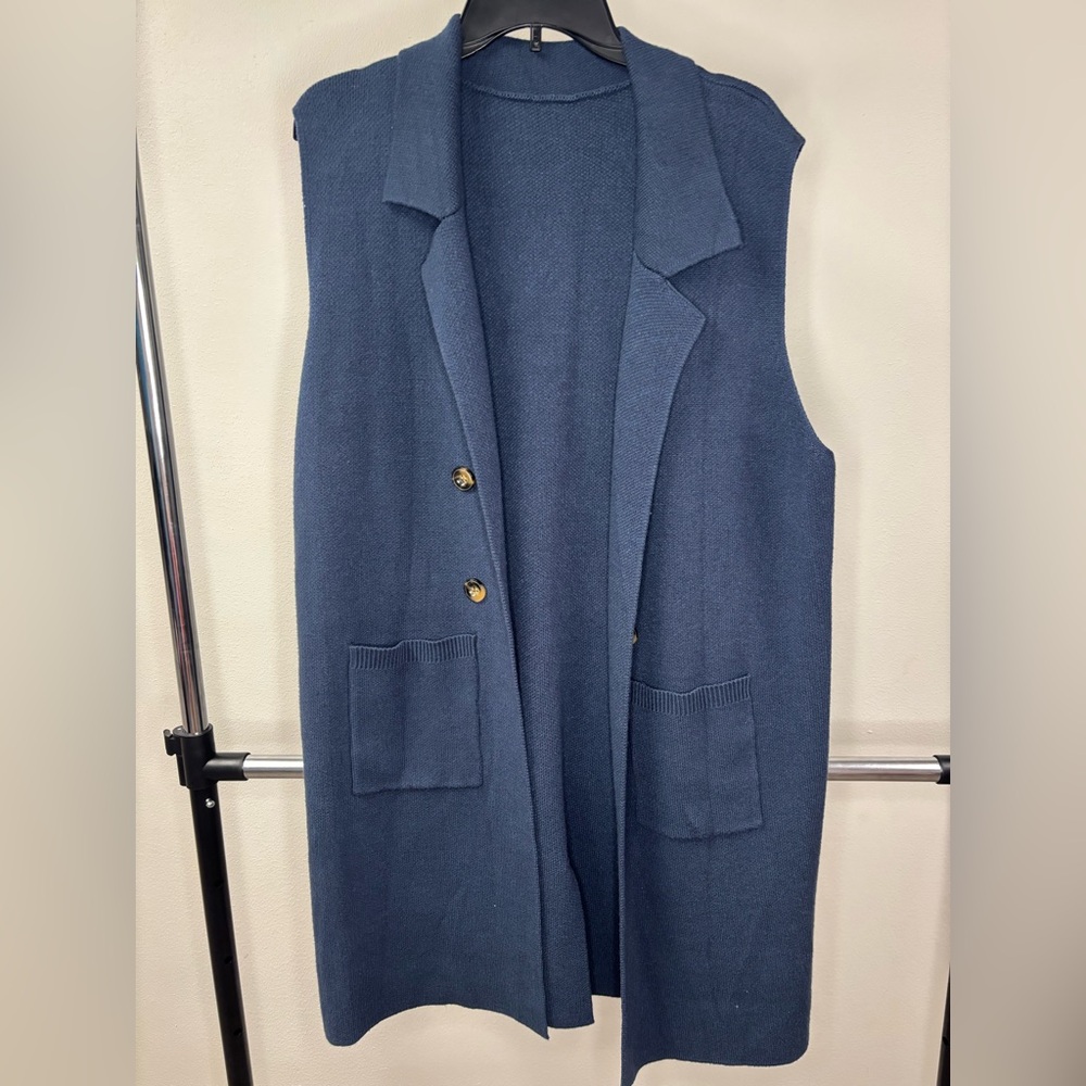 Long Sleeveless Blue Knit Women’s Cardigan Vest with Pockets Size XXL